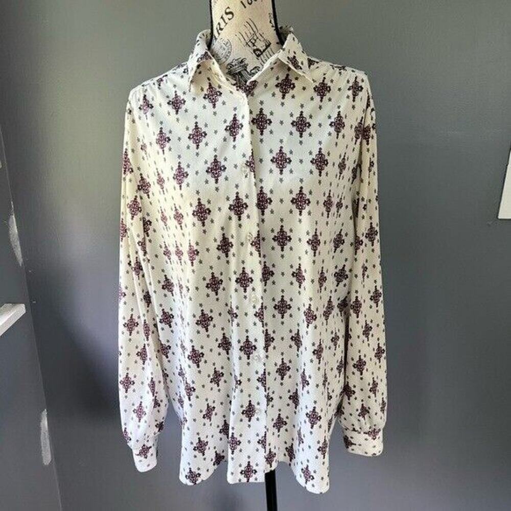 Vintage The Fire Islander women white red & gray patterned button up blouse